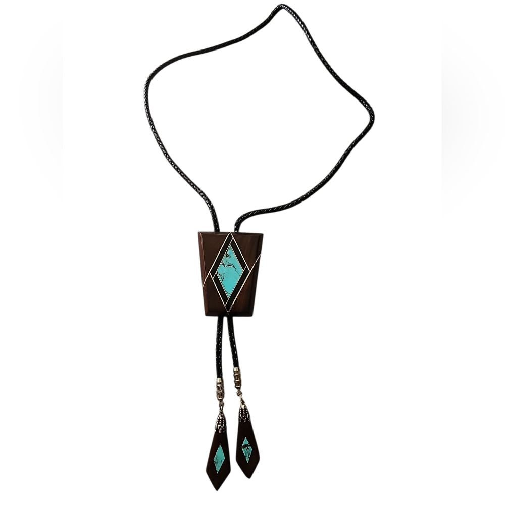 Western Turquoise and Wood Pendant Bolo